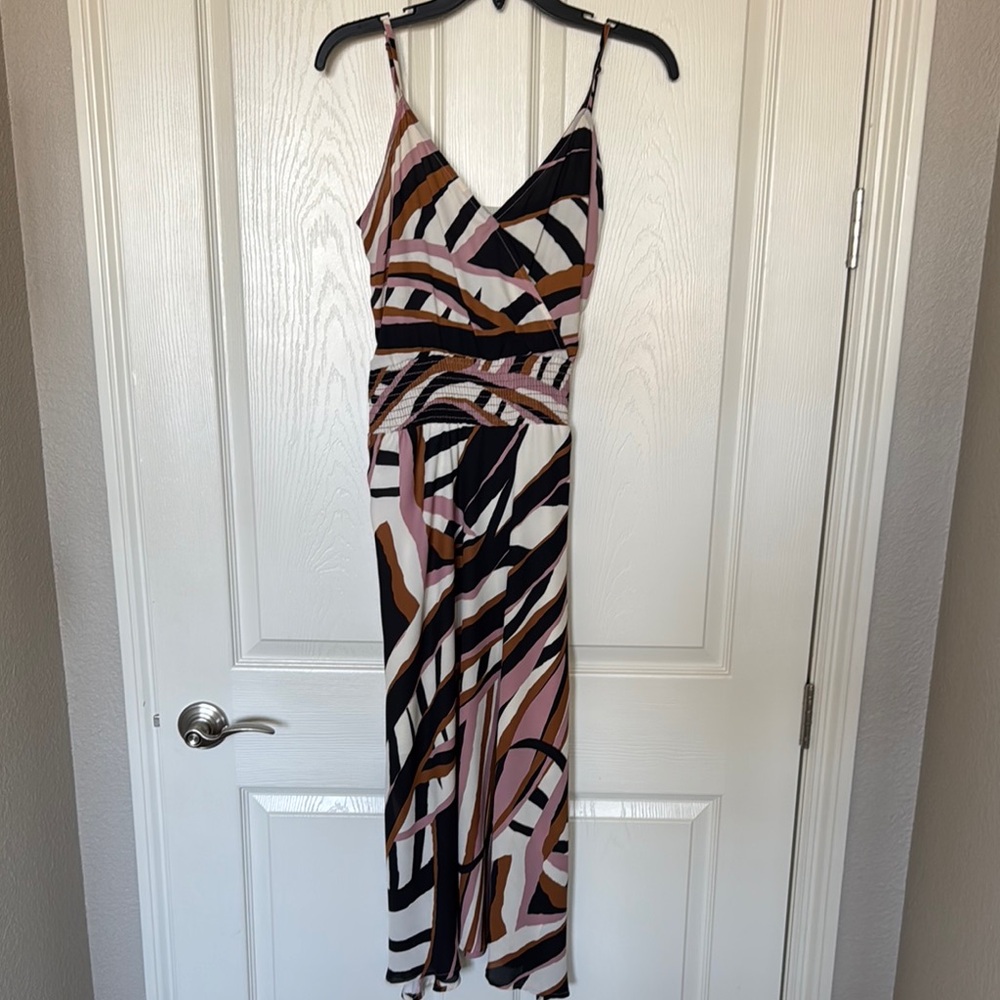 Veronica M Black, Pink, and Brown Striped Midi Dress